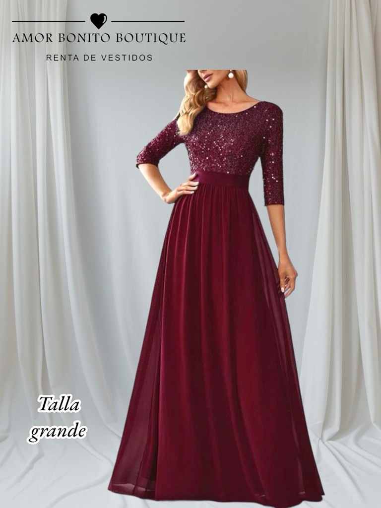 Vestido vino manga 3/4 lentejuela