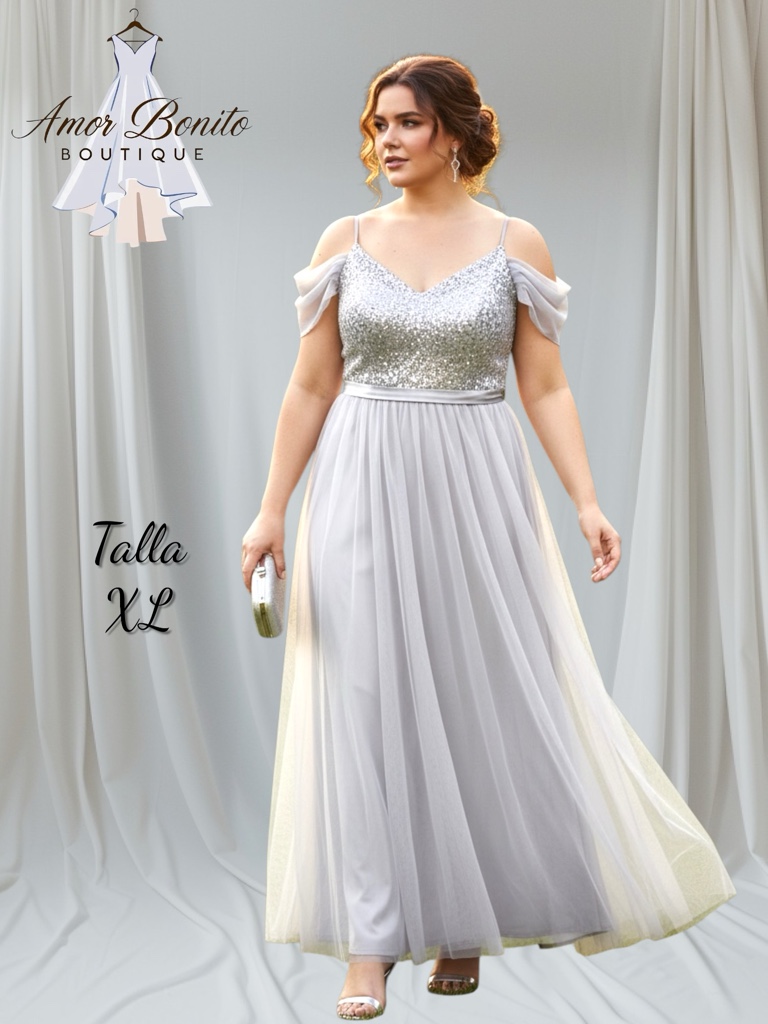 Vestido plata hombros descubiertos