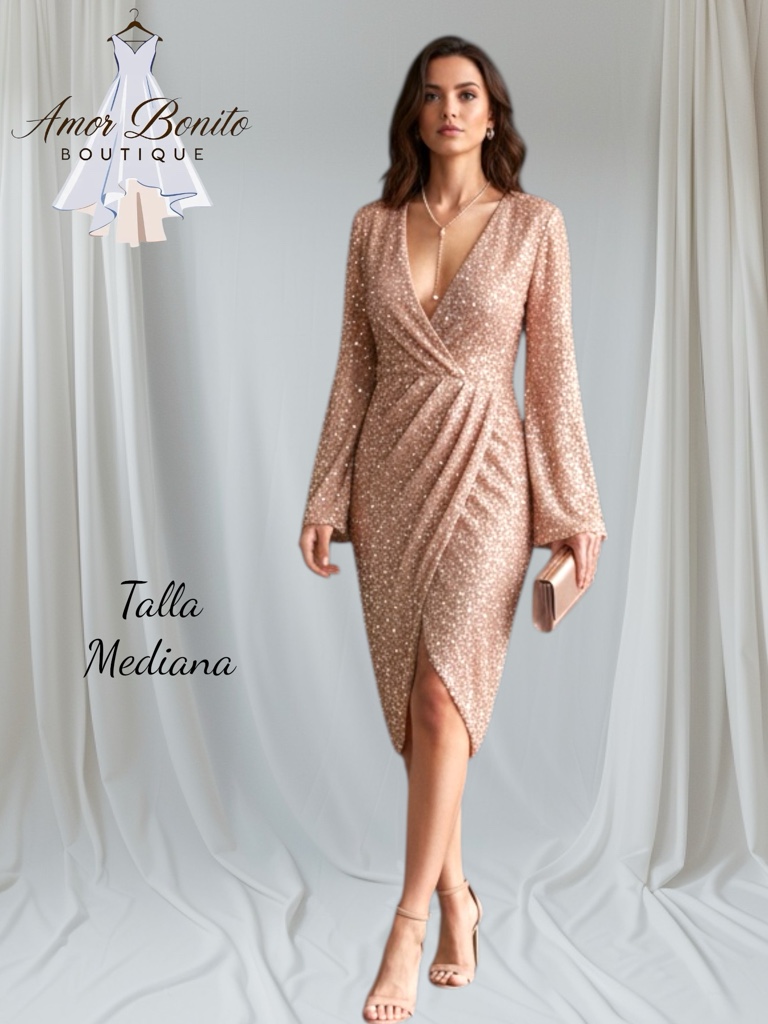 Vestido golden rose manga larga cóctel