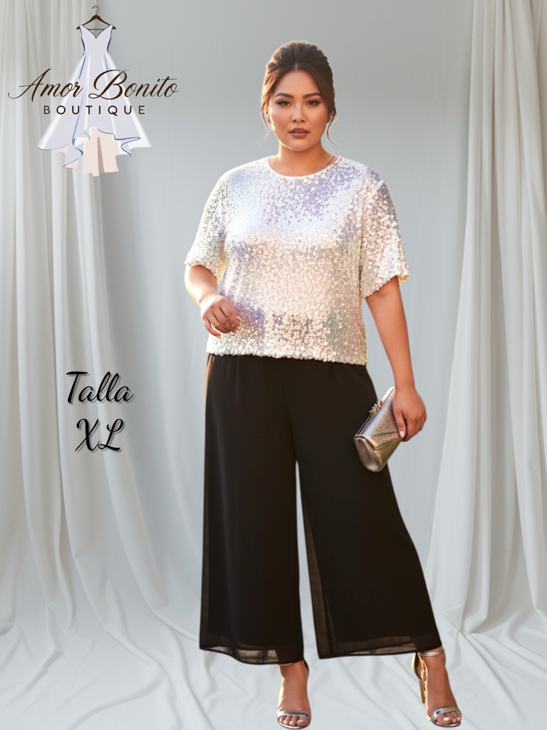 Conjunto pantalón palazzo top lentejuela