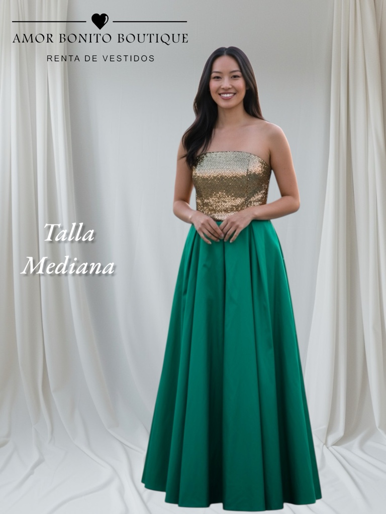 Vestido verde strapless brillo