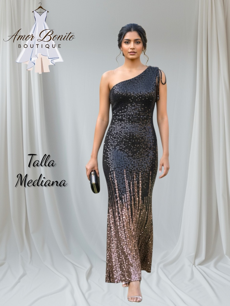 Vestido negro gala 1 hombro lentejuela