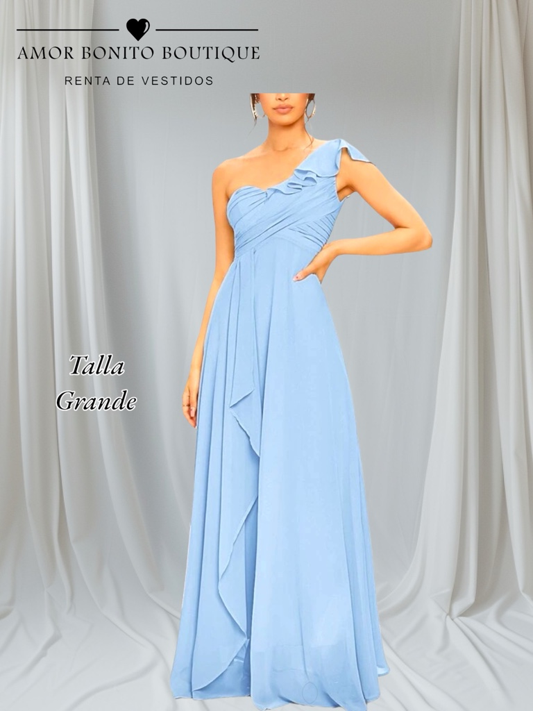 Vestido azul cielo 1 hombro gasa