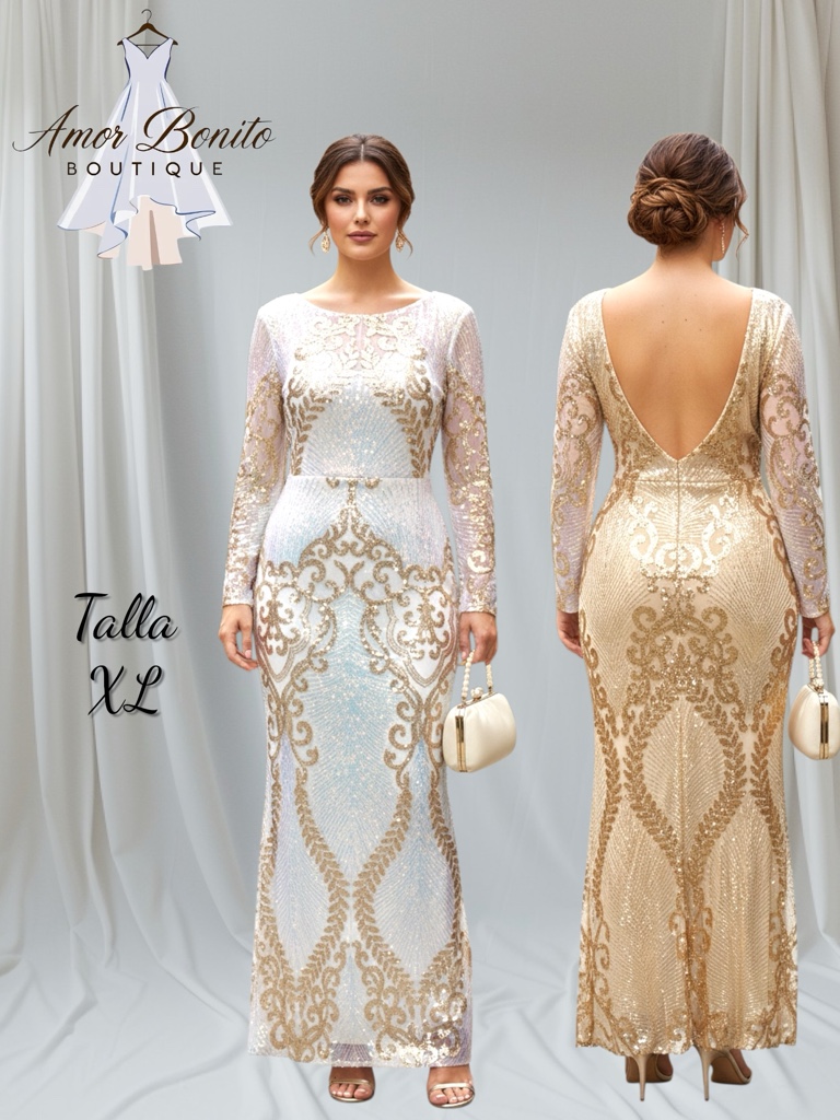 Vestido blanco dorado manga larga