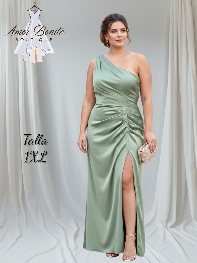 Vestido verde sage 1 hombro