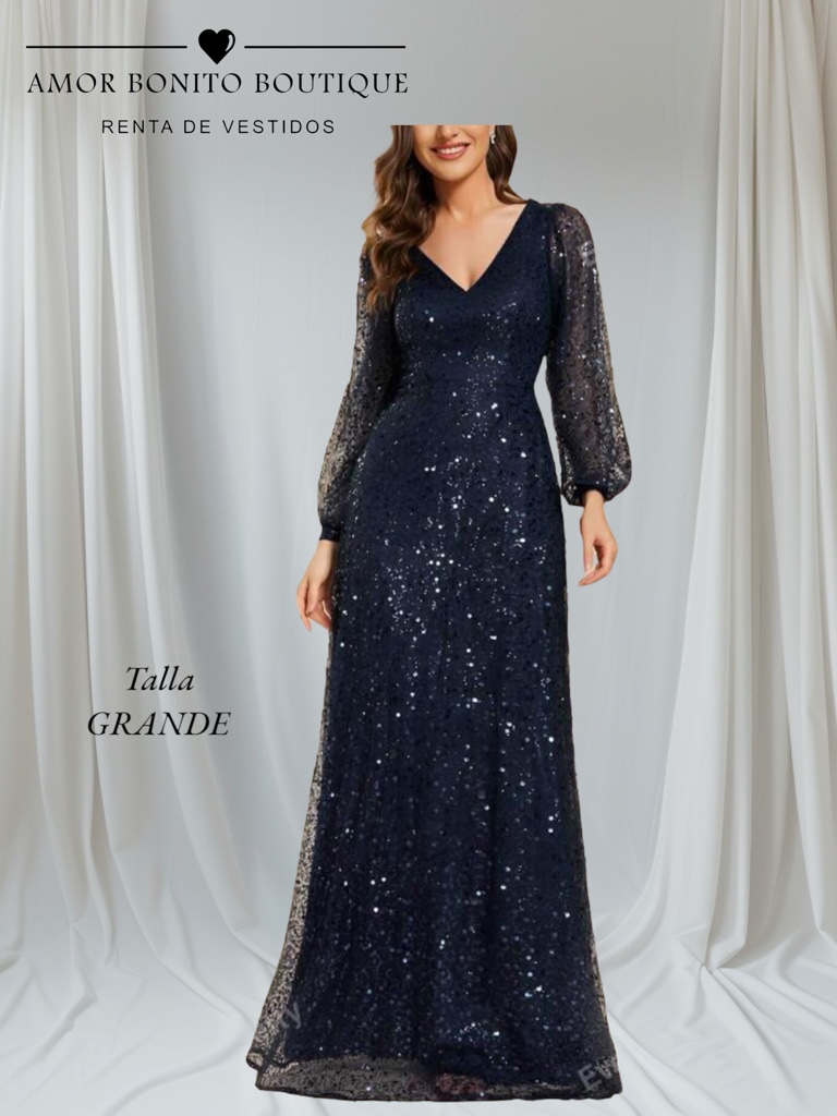 Vestido largo azul marino manga larga brillos