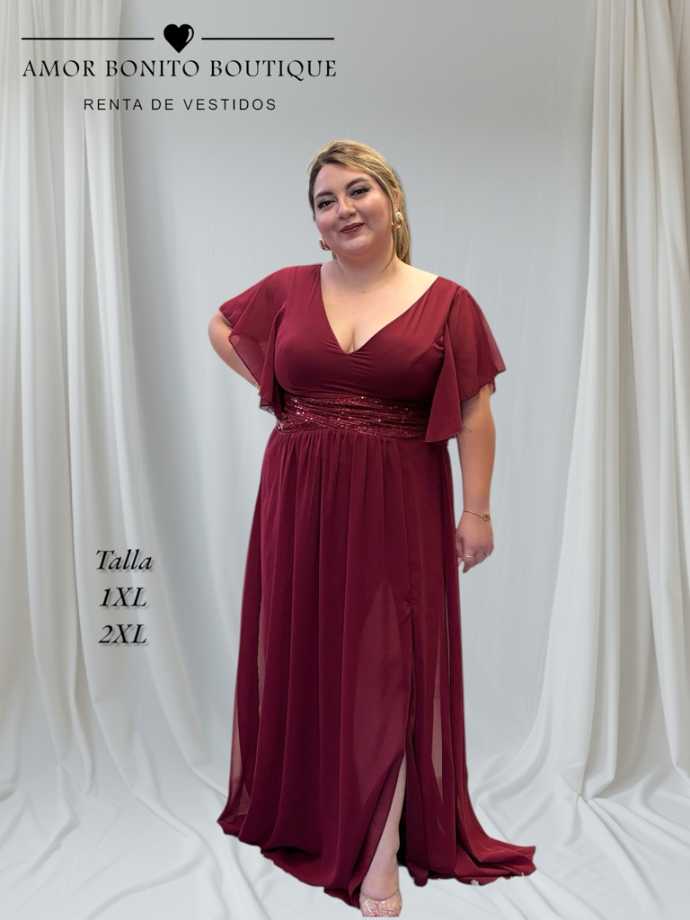 Vestido vino cinturón lentejuela
