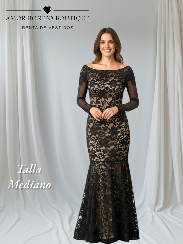 Vestido negro encaje largo