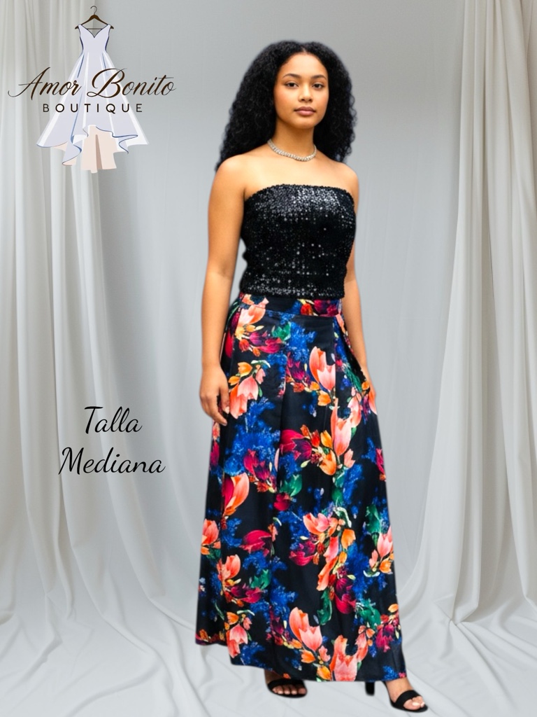 Conjunto falda floreada y top lentejuela