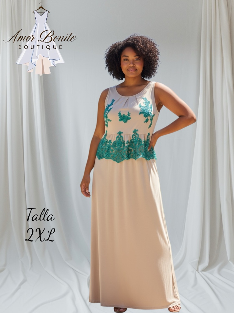 Vestido beige con verde aqua