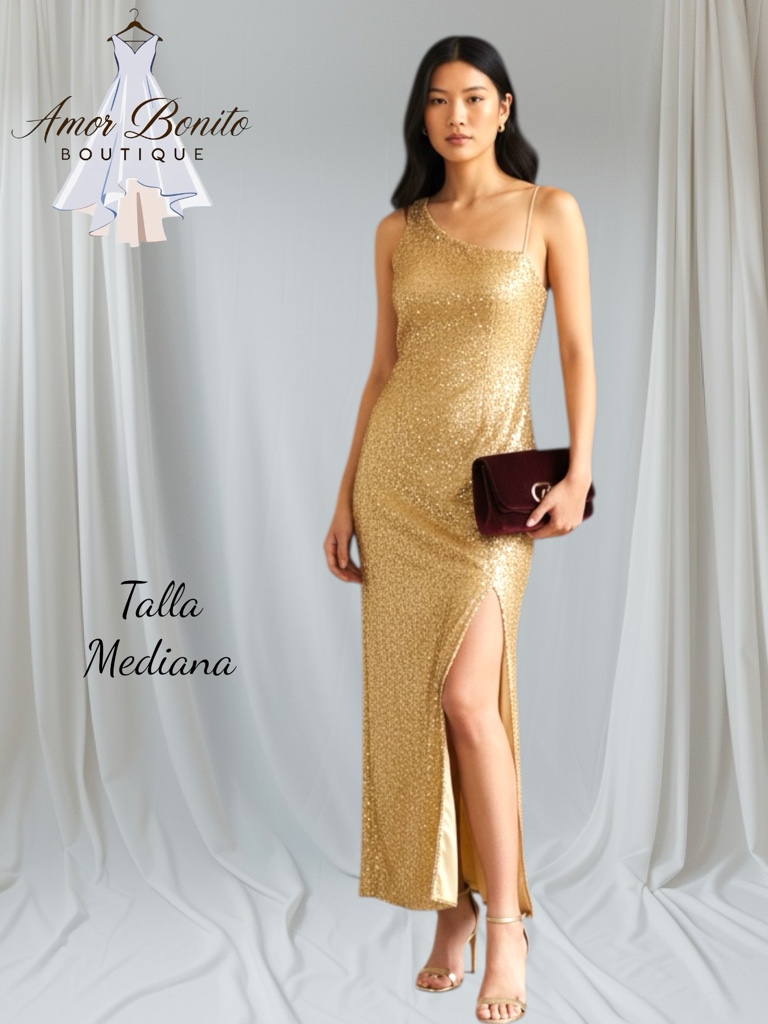 Vestido dorado 1 hombro brillos