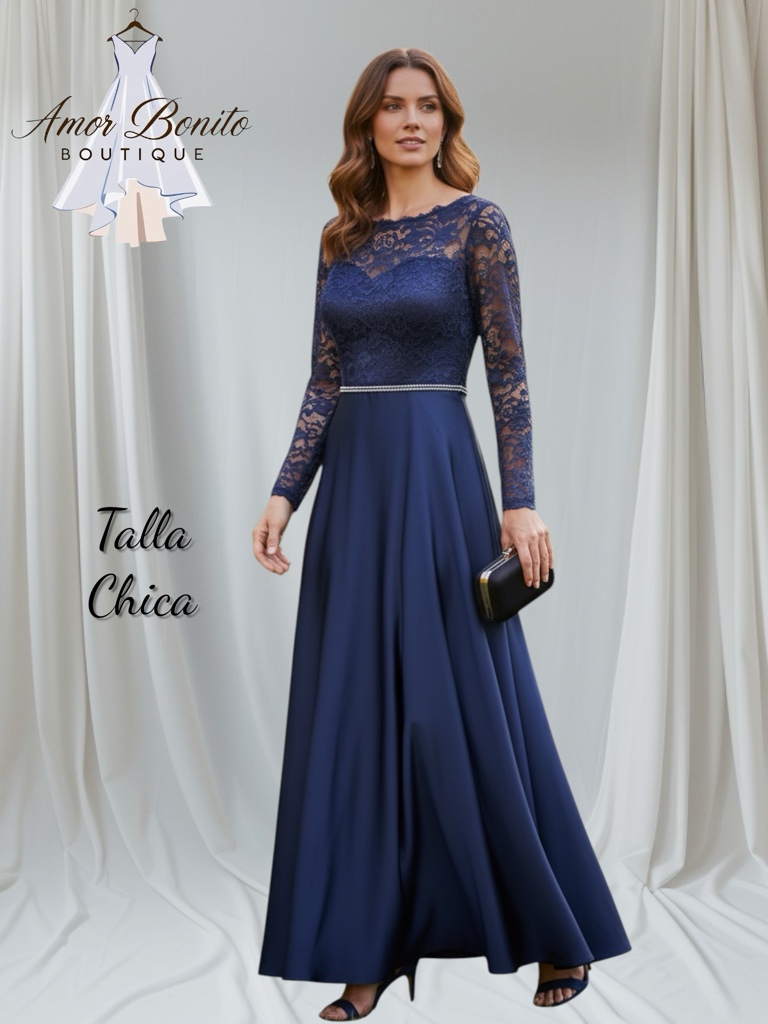 Vestido azul marino de encaje manga larga