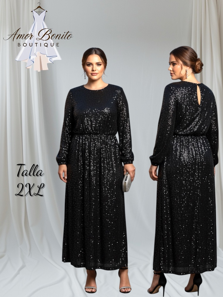 Vestido negro manga larga lentejuela