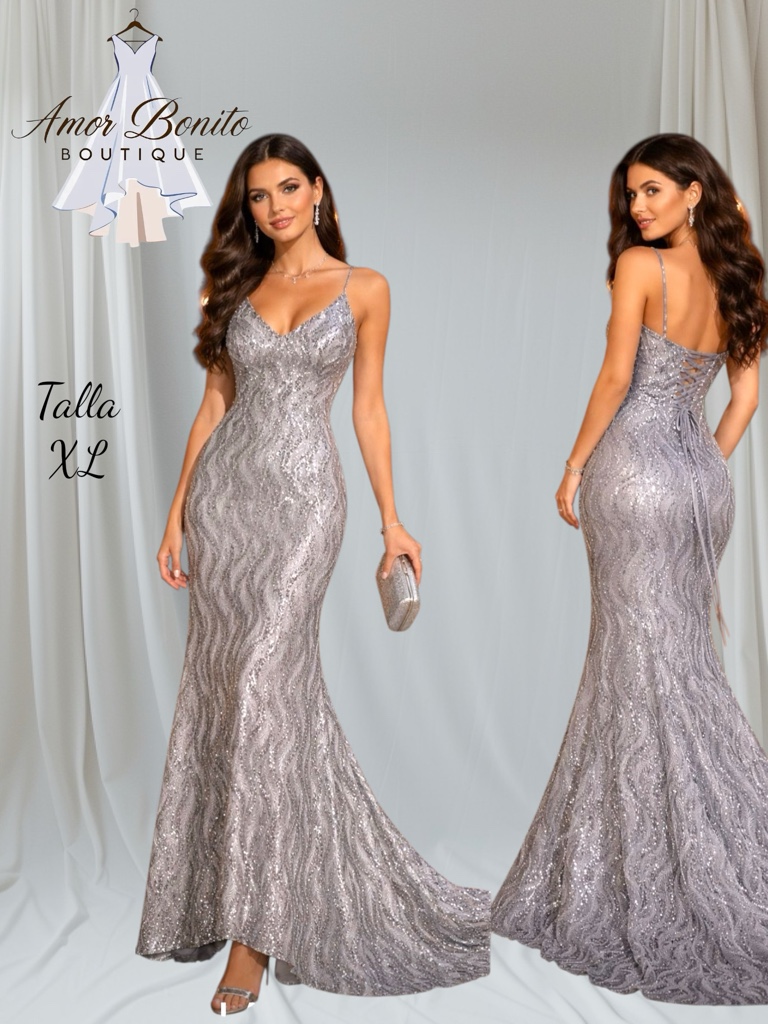 Vestido plata lentejuela con cauda