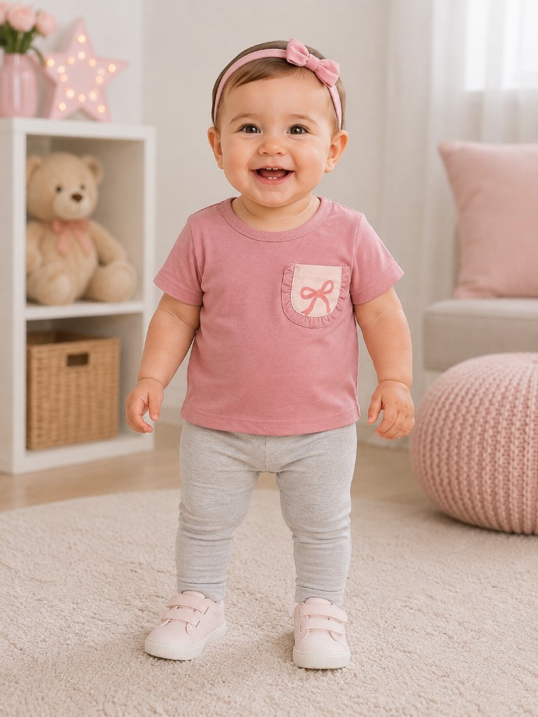 Polera niña lila bolsillo rosa