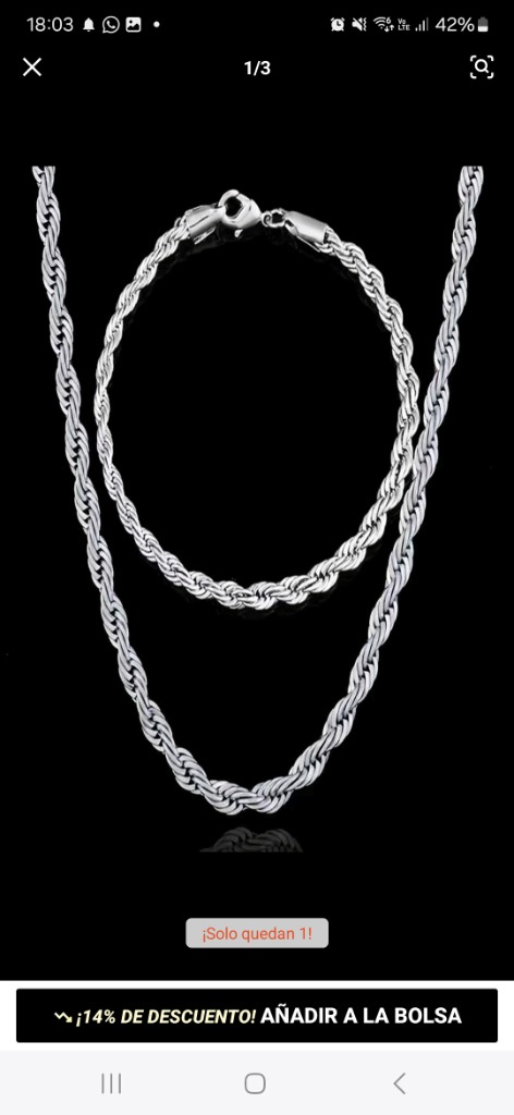 Cadena y pulsera plateada trenzada brillante