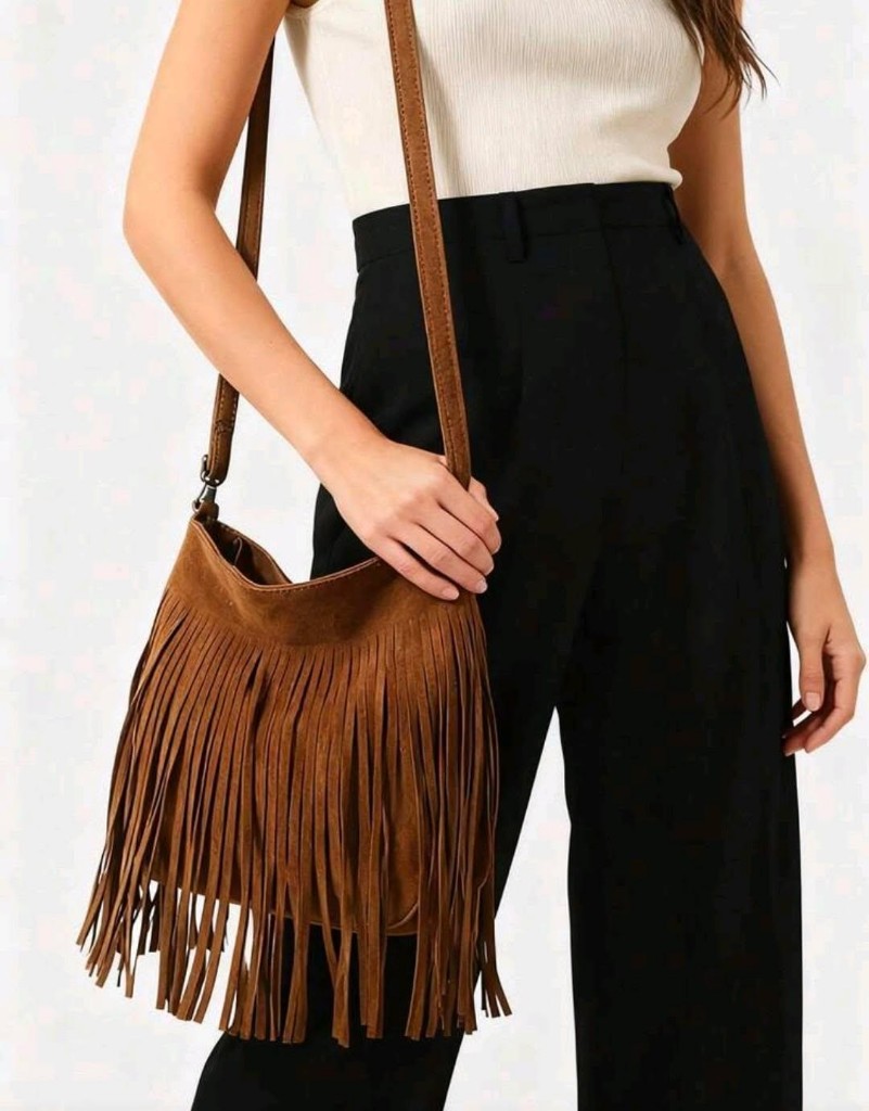 Cartera marron gamuzado con flecos
