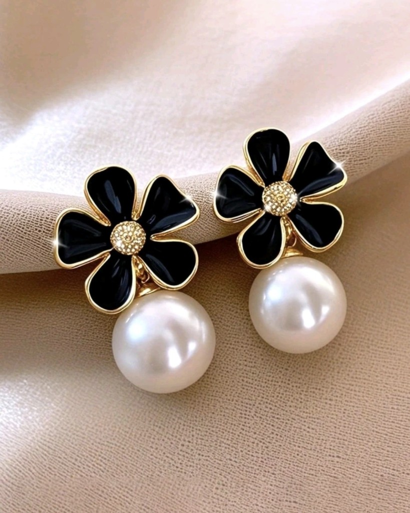 Aros flor negros con perla