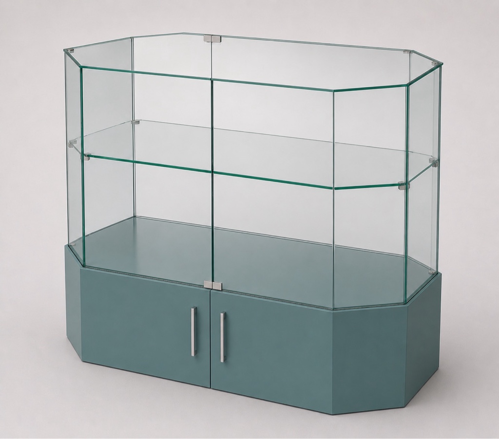 Vitrina de vidrio octagonal con base de madera color, Maple