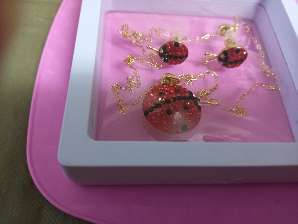 Juego de joyería con dije y aretes de mariquita roja
