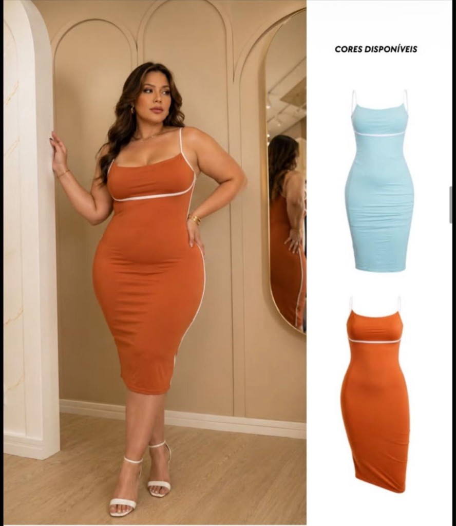 Vestido midi laranja e verde