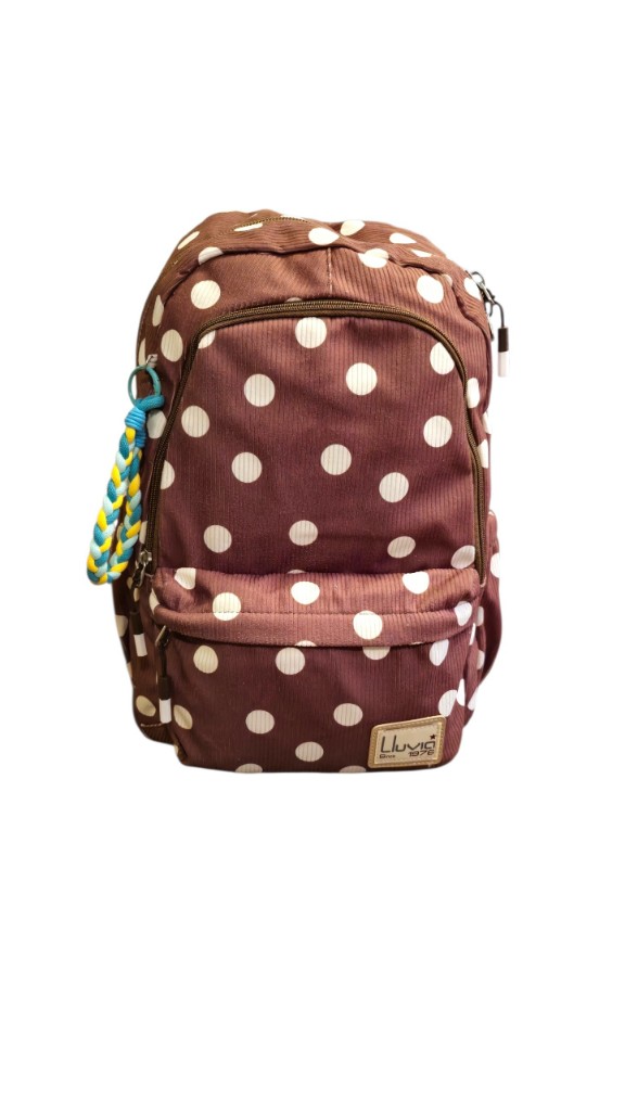 Mochila primaria café con bolas blancas