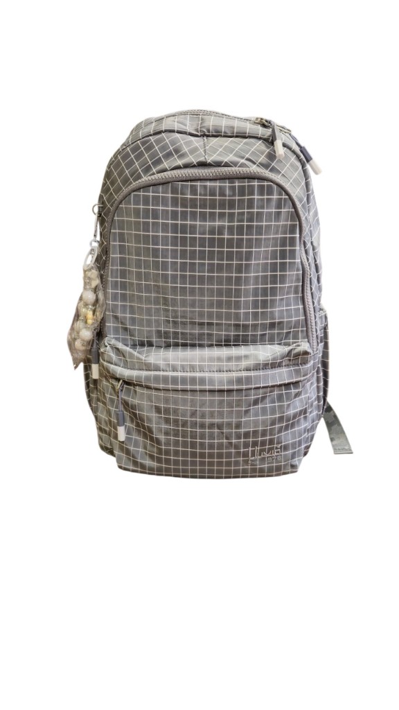 Mochila primaria gris con cuadros