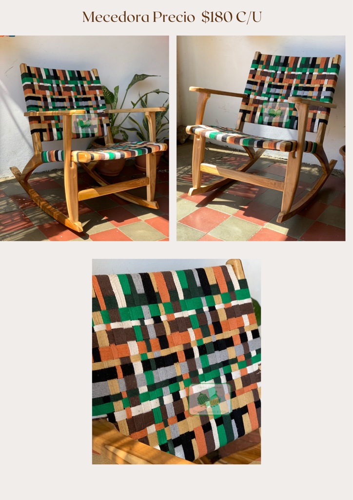 Mecedora tejida multicolor en madera teca hilo poliéster