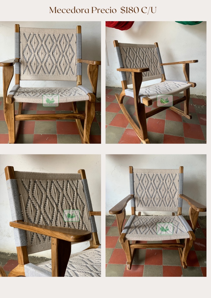 Mecedora tejido beige y gris madera teca