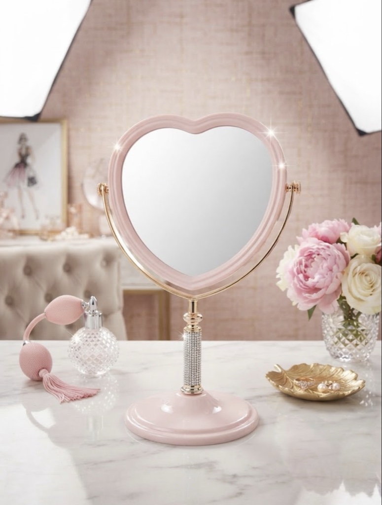 Espejo de Mesa Corazón Luxury Strass (Rosa Pastel)