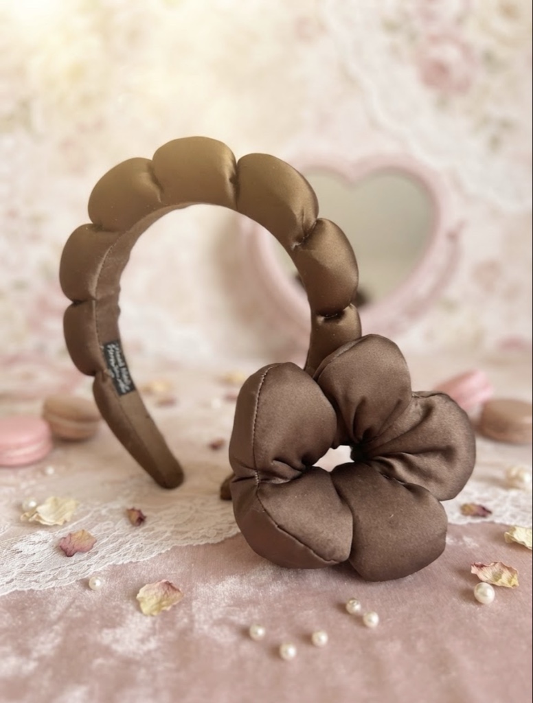 Set de Vincha Acolchada + Goma de Pelo Flor (Marrón Chocolate)