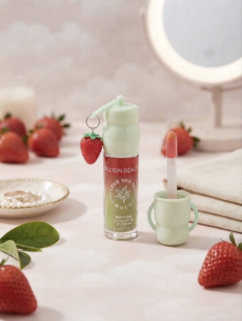Gloss Labial BILLION BEAUTY Tricapa Matcha & Frutilla + Llavero