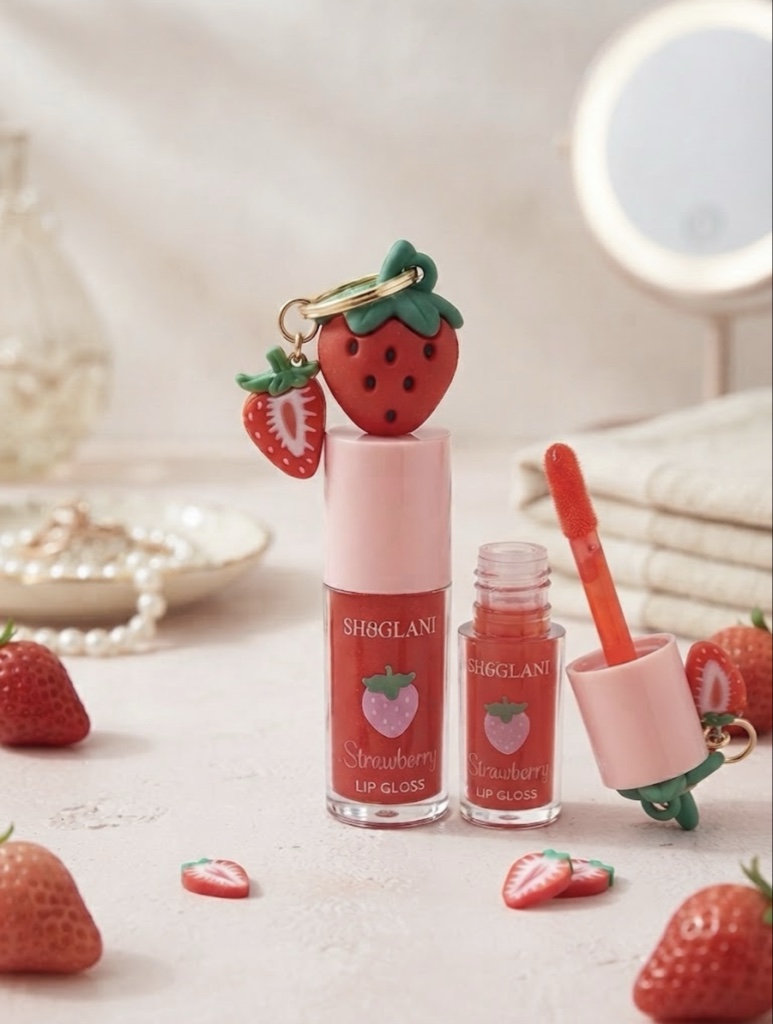 Gloss Labial SHOGLANI Strawberry Pop + Llavero de Frutilla