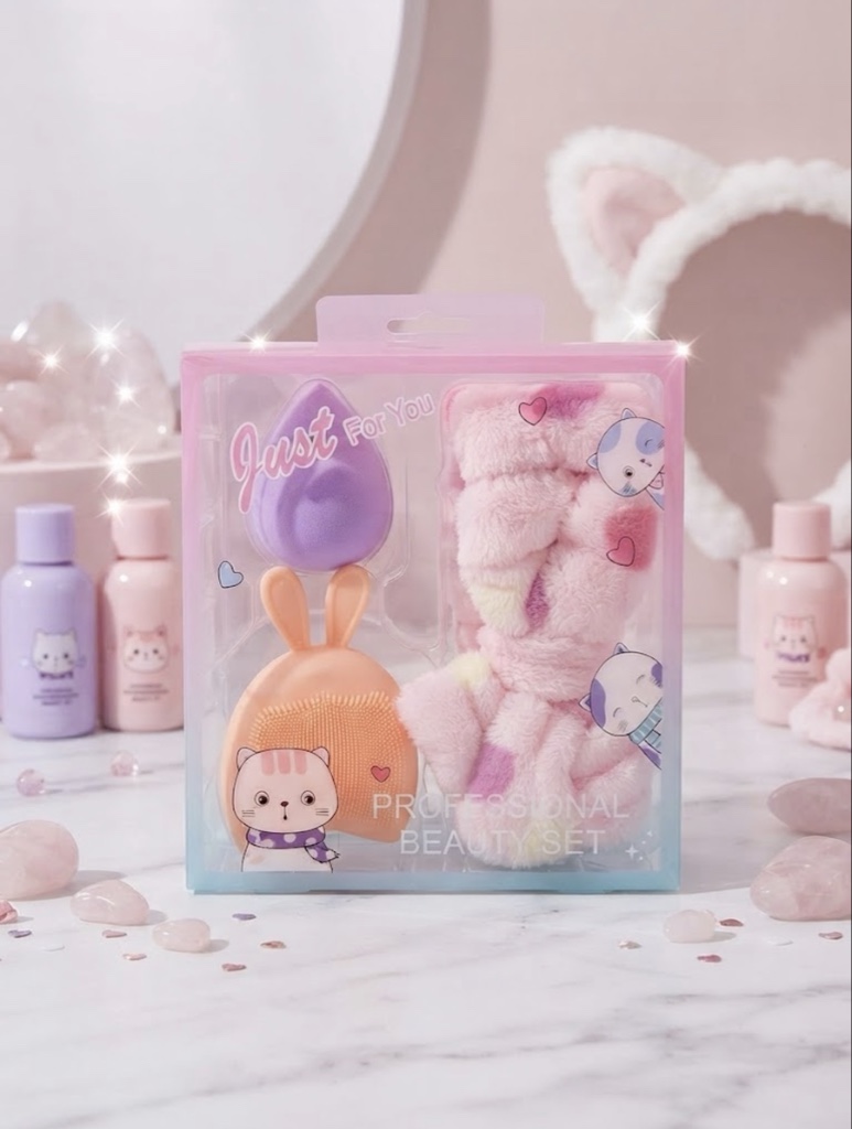 Set de Cuidado Facial y Maquillaje Gatito Kawaii (Rosa/Durazno)
