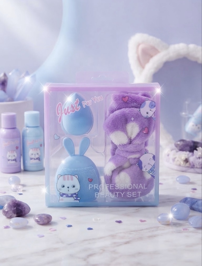 Set de Cuidado Facial y Maquillaje Gatito Kawaii (Morado/Azul)