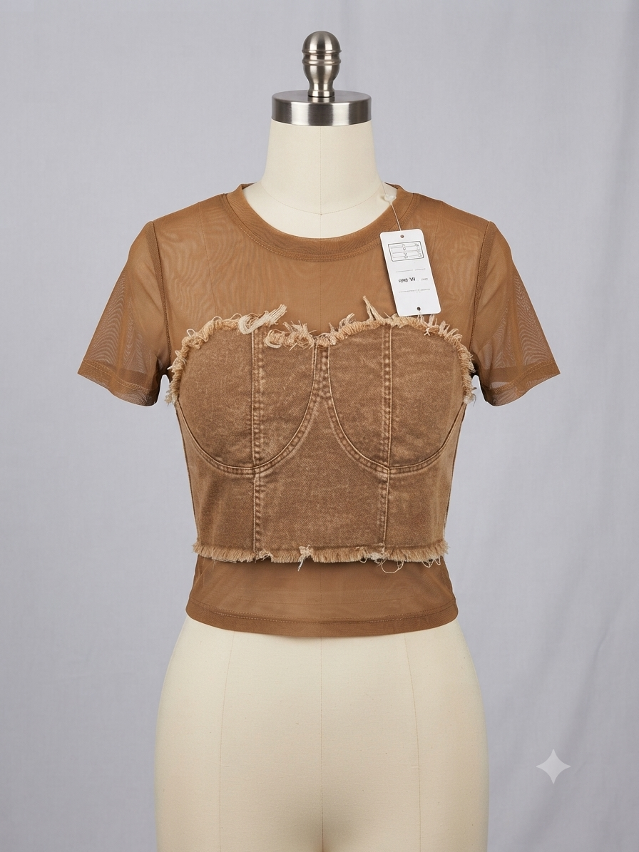 Top corto marrón con corset denim