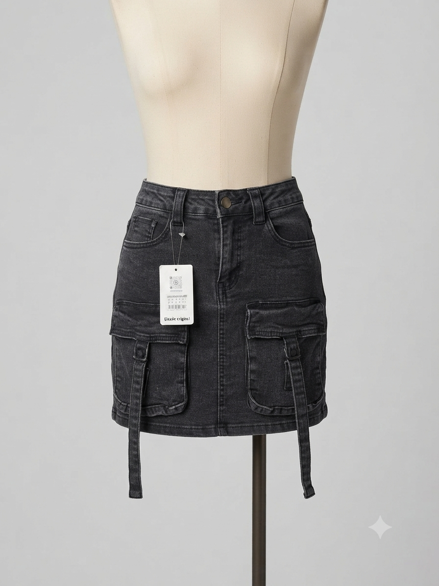 Falda denim negra cargo con bolsillos laterales