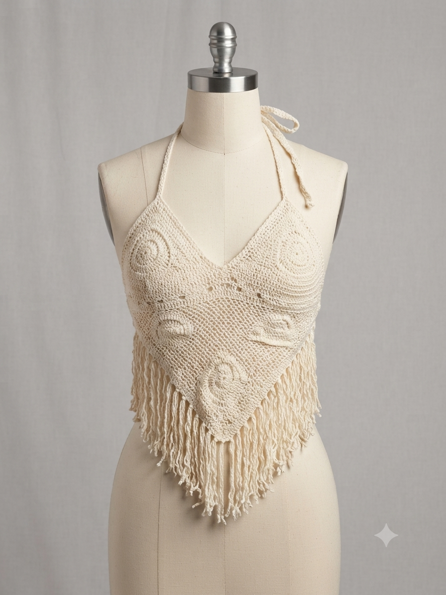 Top tejido crochet color crema con flecos