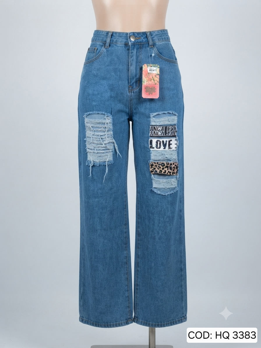 Jeans azul recto con parches y rotos