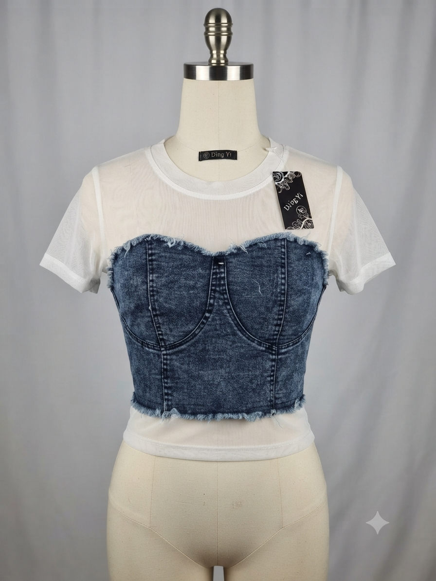 Top denim strapless con camiseta blanca Ding Yi