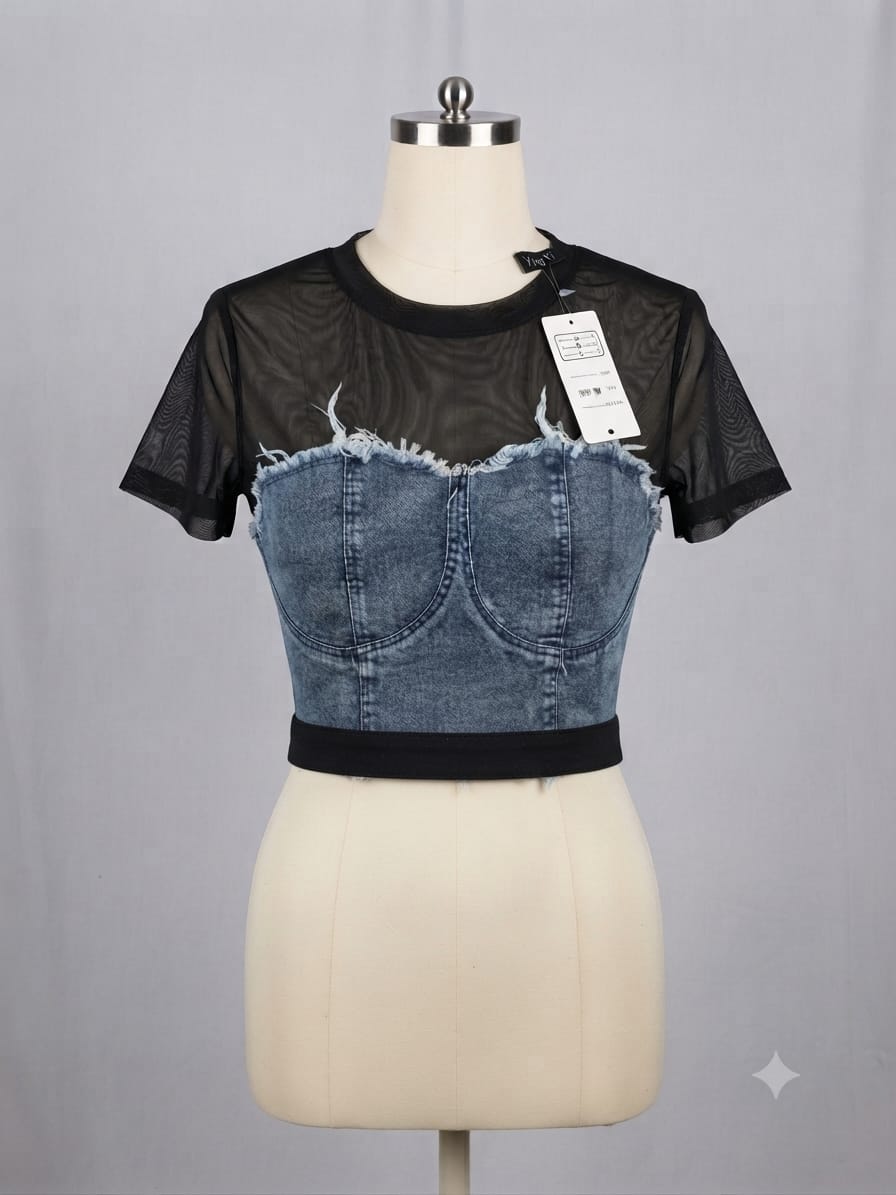 Top corto denim con malla negra