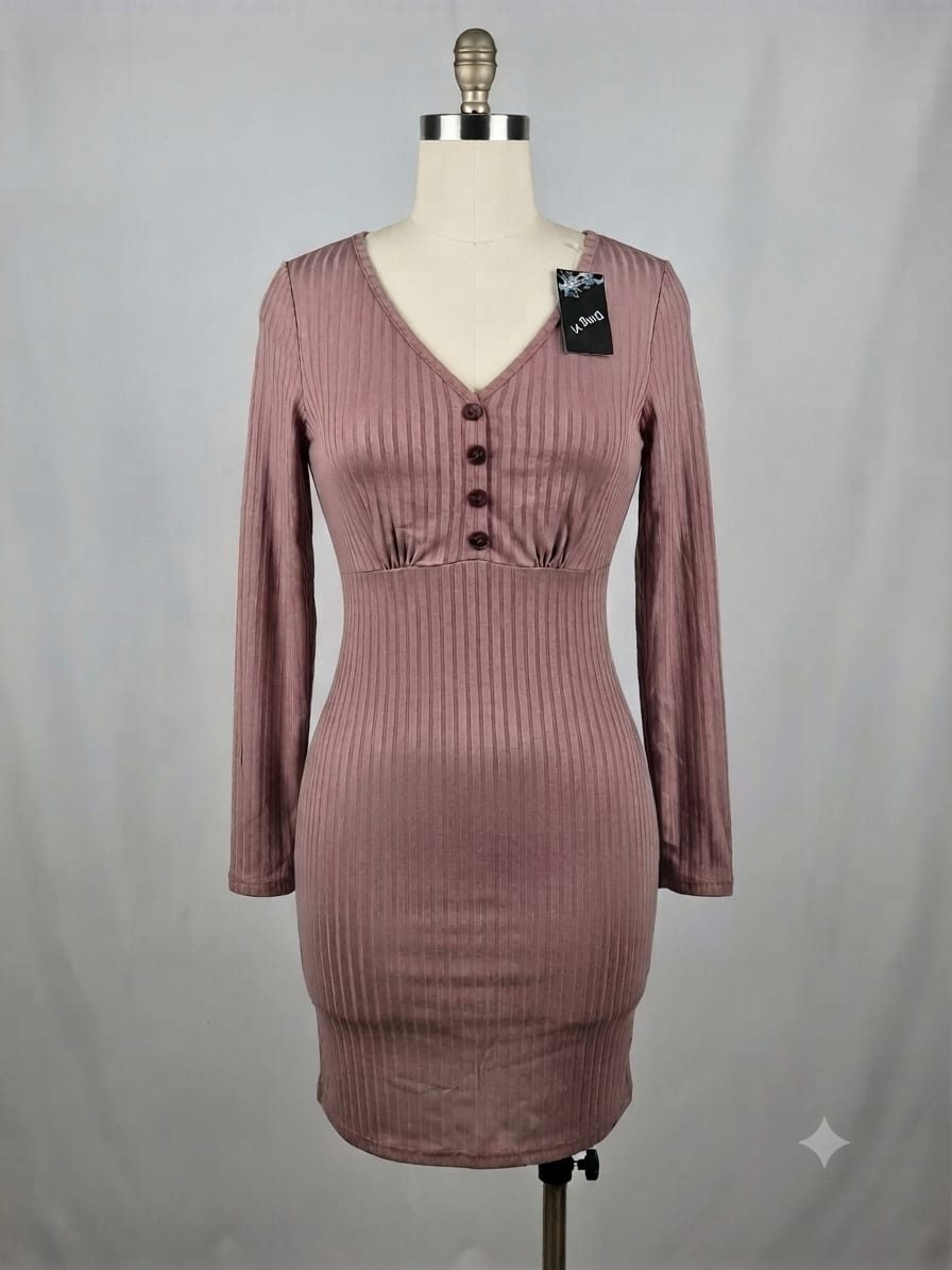 Vestido ajustado manga larga rosa empolvado