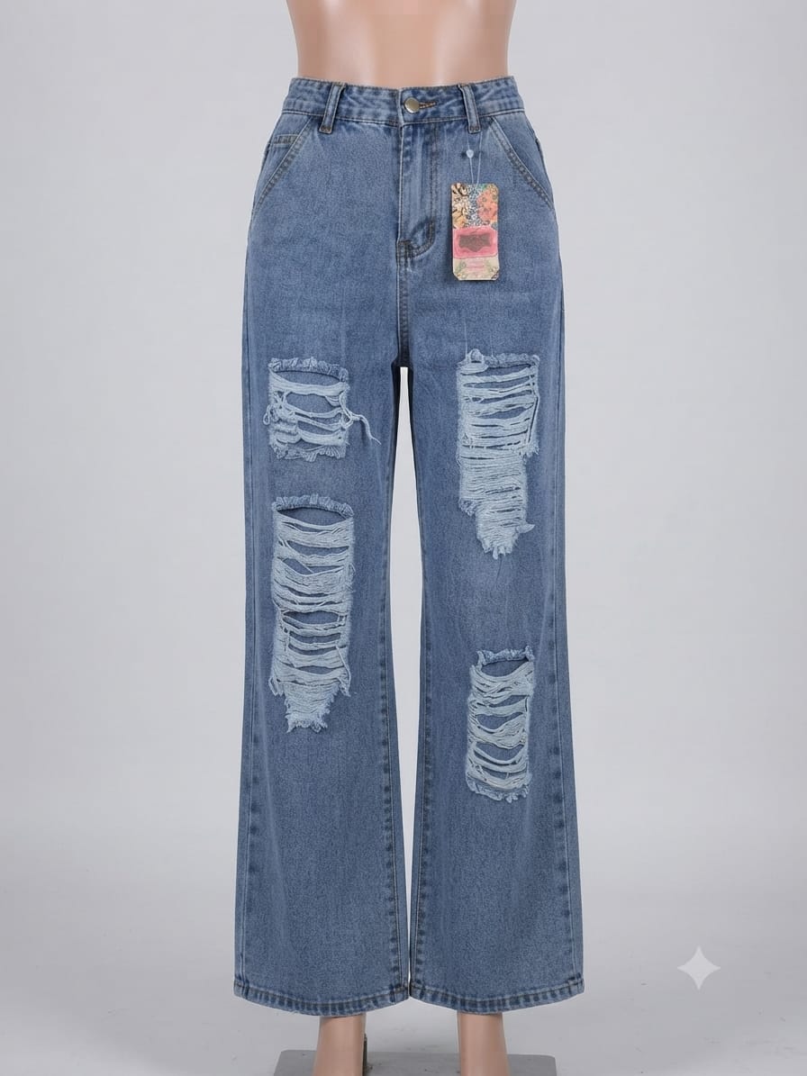 Jeans azul claro de mujer recto rotos