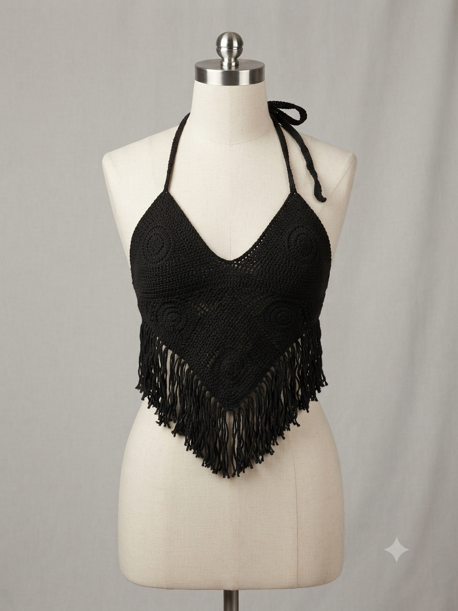 Top tejido negro tipo halter con flecos