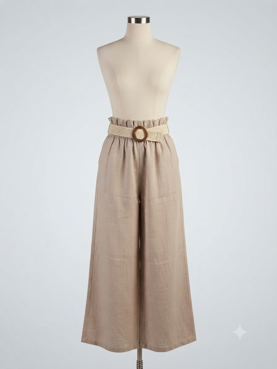 Pantalón ancho beige con cinturón