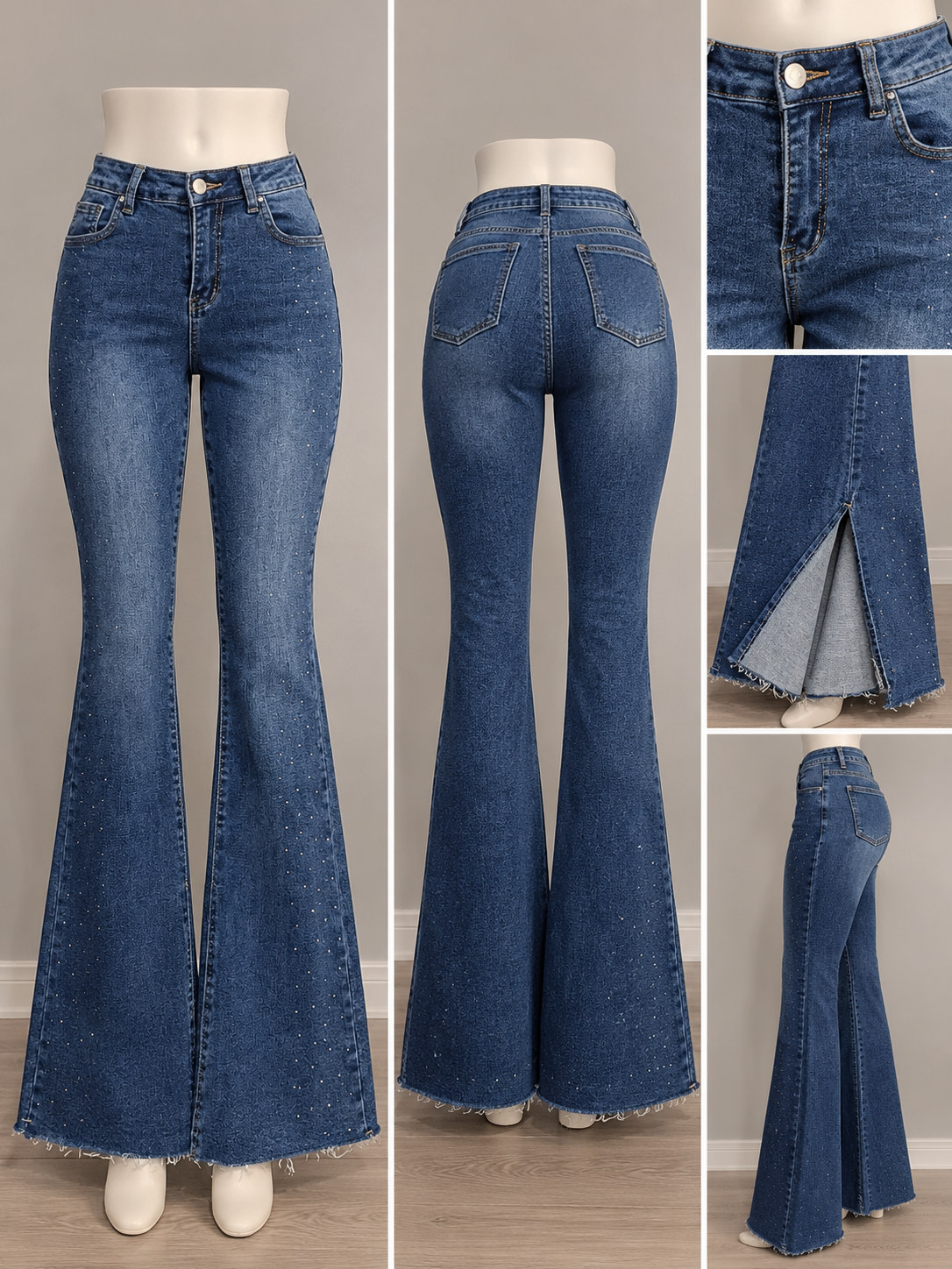 Jeans de dama acampanado azul denim con brillo