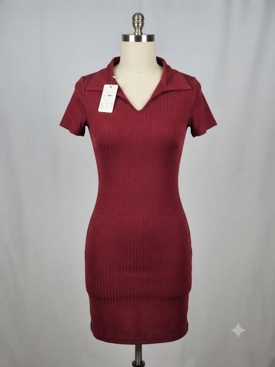 Vestido corto ajustado color vino manga corta