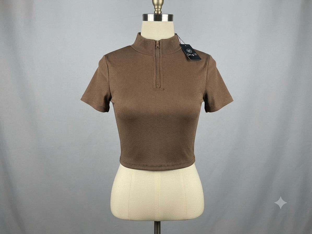 Top corto ribbed manga corta color café