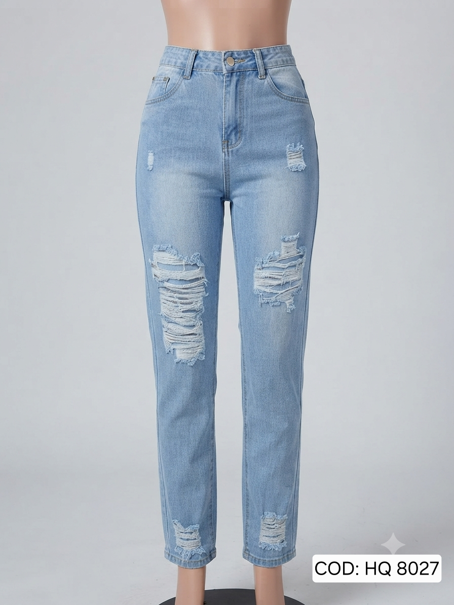 Jeans azul claro tiro alto con rotos