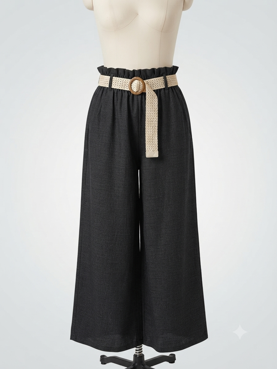 Pantalón palazzo negro con cinturón tejido
